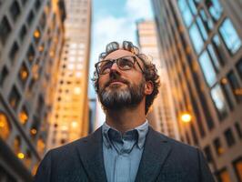 Man in a suit gazes upward in a city during golden hour photo