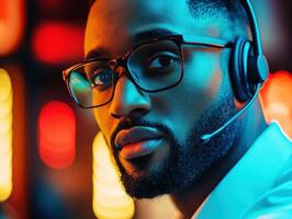Man wearing headset and glasses in a vibrant environment photo