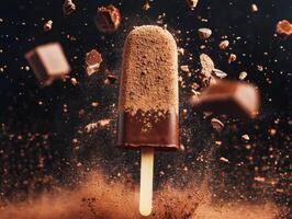 Chocolate ice cream bar surrounded by flying chocolate pieces photo