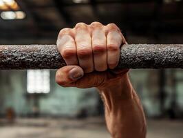 Strong grip on a worn barbell in a rustic gym setting photo
