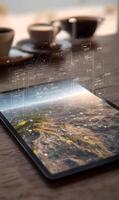 Interactive digital display showing landscape data analysis on a tablet device photo