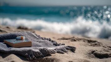 Relaxing beach scene with a book and ocean waves creating a peaceful and calming atmosphere photo