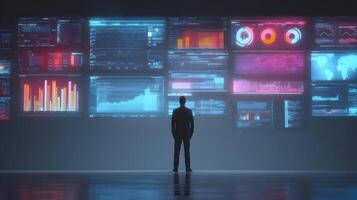 A man contemplating data streams in a futuristic control room surrounded by glowing screens photo