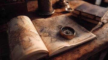 Vintage map and compass create a sense of exploration and adventure ready to chart the world photo