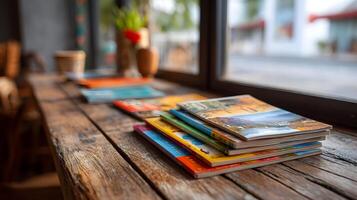 Stack of travel brochures sitting on a rustic wooden table near a window creating a cozy atmosphere photo
