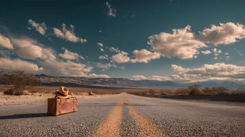Endless highway beckons with dreams of travel and exploration under the expansive desert sky photo