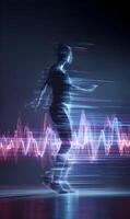 Digital echoes a shimmering figure dances with pulsing rhythmic light trails photo