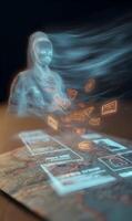 Digital interface showcasing holographic figure interacting with map and data projections photo