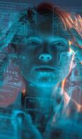 Futuristic visualization of digital data overlay on a human face, exploring the tech integration photo