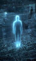 Futuristic hologram of a human figure standing over a complex network map interface photo