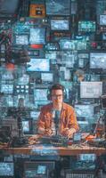 Immersive technology setup with focused programmer amidst screens and complex technology photo