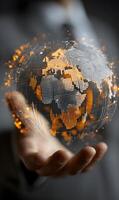 Global network connections shine in the palm of a hand symbolizing worldwide data flow photo