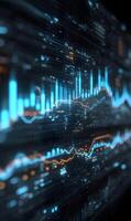 Abstract financial chart showing market trends in blue and orange on a dark background photo