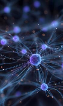 Illustration of a network with glowing nodes representing neural connections and data flow photo