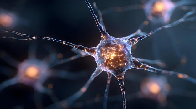 Abstract neuron cell network with glowing particles, signaling and connecting within the brain photo