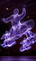 A mesmerizing display of digital dance with ethereal light figures suspended above a crowd photo