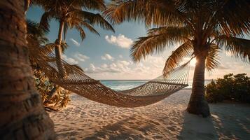 Tranquil escape awaiting in a hammock under swaying palm trees on the shoreline during sunset photo
