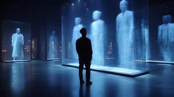 A man stands in awe before luminous holographic figures displayed in a dark futuristic gallery photo