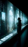 Woman exploring ancient history displayed with innovative digital technology photo