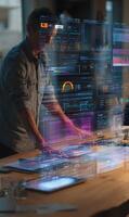 Man interacting with augmented reality interface with data visualization technology photo