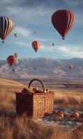 A delightful picnic scene featuring a basket, hot air balloons, and a serene mountain backdrop photo