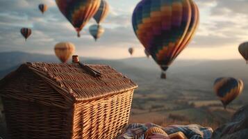Dreamy getaway a picnic basket sits atop a mountain with hot air balloons softly dotting the sky photo