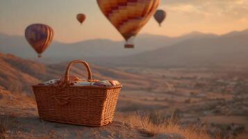 A scenic picnic getaway at sunset with hot air balloons floating against distant mountains photo