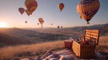 Balloons float over a dreamy landscape as the sun sets providing a spectacular show photo