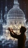 Architect gazing at projected building design blueprints technology concept photo