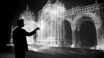 Man interacting with architectural blueprint projection in dark ambiance showcases innovation photo