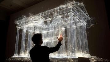 Man interacts with a virtual recreation of an ancient building in a dark environment creating a futuristic atmosphere photo