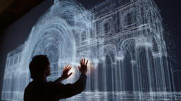 A man interacts with the digital architecture projection on a dark background indoor studio photo