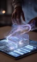 Augmented reality on a touch screen device with digital information floating above it photo