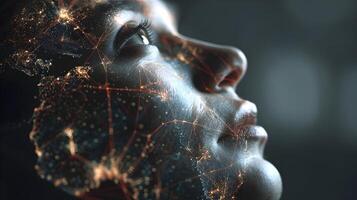 The delicate lines of a network intersect on a human face, visualizing connectivity globally photo