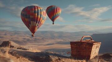 A scenic picnic with hot air balloons soaring against the serene backdrop of expansive landscapes photo