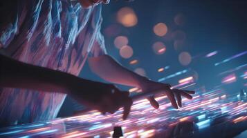 Musician creating electronic music with glowing light trails in a vibrant studio setting photo