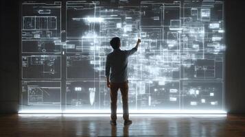 A person standing in front of a large screen displaying complex data and information analysis photo