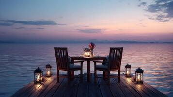 Romantic dinner setting on a wooden pier overlooking a serene lake at twilight creating an intimate atmosphere photo