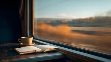 Cozy train journey featuring a warm drink and an open notebook by the window scenery photo
