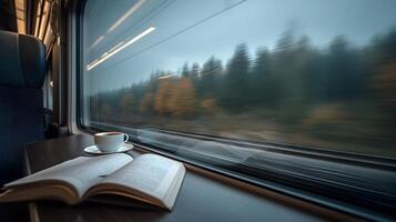 A cozy morning in train enjoying coffee with a novel and a blurred view through the window photo