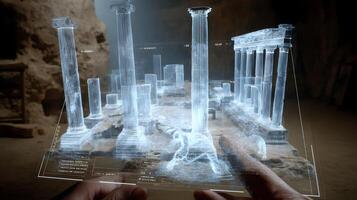 Augmented reality displaying ancient ruins with digital reconstruction and interactive elements photo