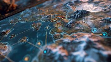 High angle shot of a digital tabletop game featuring terrain islands and mountainous regions photo