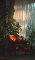 Vintage armchair embraced by indoor greenery, illuminated by soft window sunlight creating a calming ambiance photo