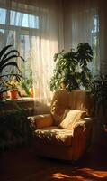 Cozy armchair bathed in sunlight near a window with translucent curtains and leafy houseplants photo
