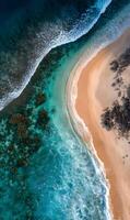 Aerial view of a tropical beach with turquoise water and golden sand, a serene paradise photo