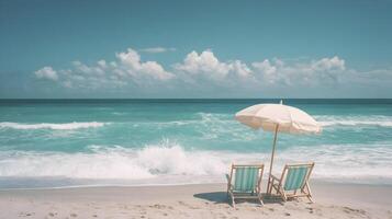 Idyllic beach scene featuring lounge chairs and sun umbrella on the serene shoreline photo