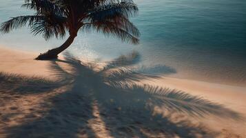 Paradise beach with a palm tree casting shadows over the sand at sunset on a tropical island photo