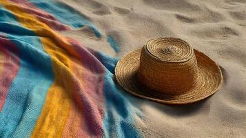 Beach relaxation with a straw hat and colorful towel on the soft golden sand near the ocean photo