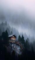A secluded cabin rests atop a rugged cliff shrouded in ethereal mist and surrounded by dense forest photo