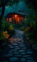 Enchanting cabin retreat nestled amidst lush greenery, illuminated by warm inviting lights photo